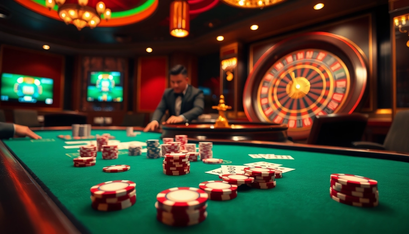 Engaging game bài table scene with vibrant poker chips and cards in a luxury casino setting.