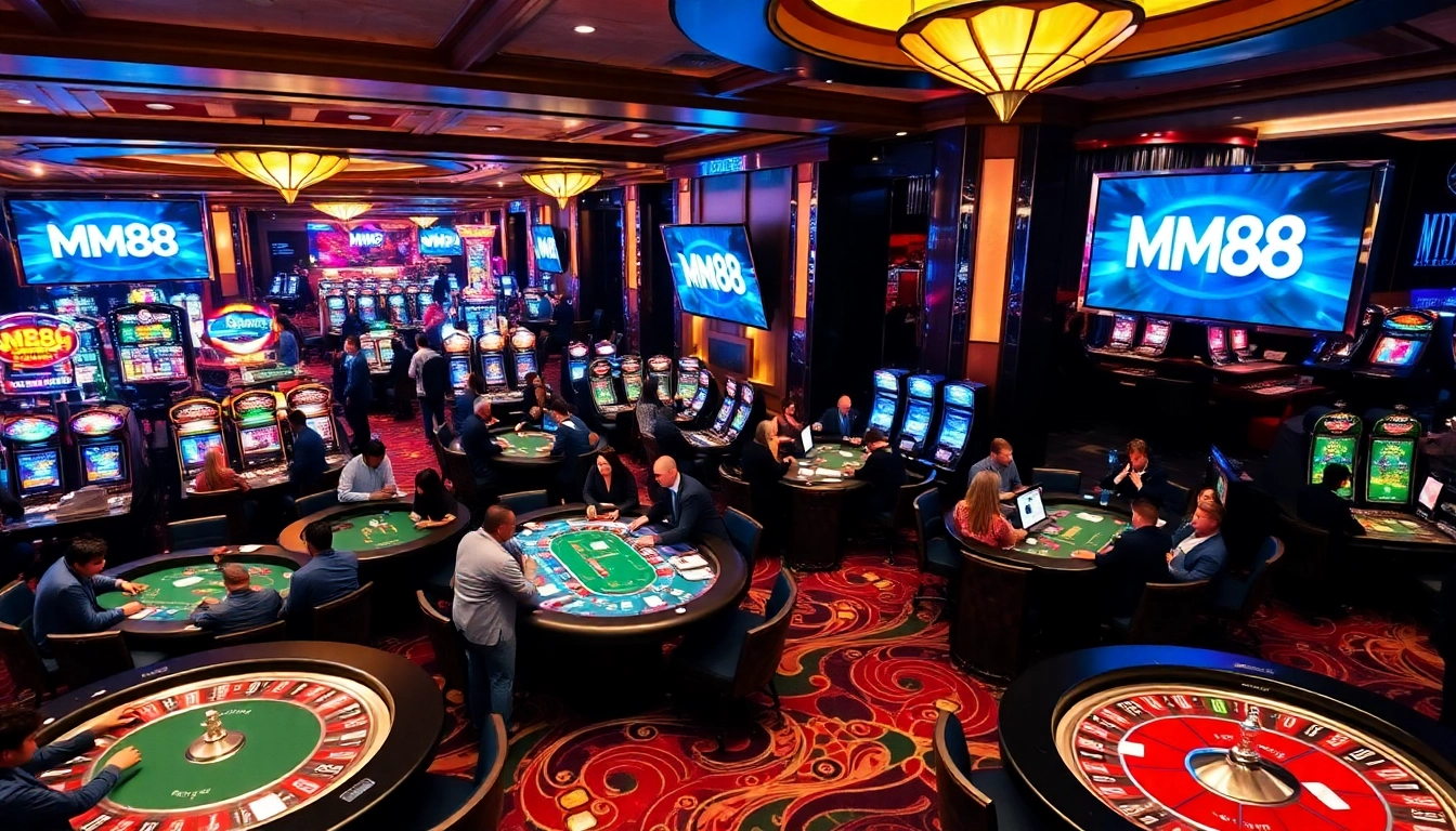 Players enjoying a thrilling experience at MM88 Casino, featuring vibrant slot machines and poker tables.