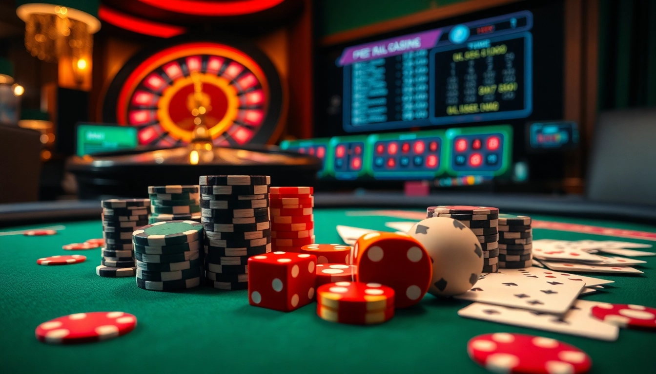 Experience the thrill of debet gaming with a luxurious casino scene featuring poker chips and a roulette wheel.