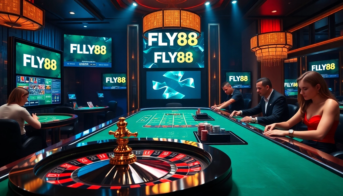 exciting scene of FLY88 Đăng kí at a modern casino table with poker chips and roulette wheel