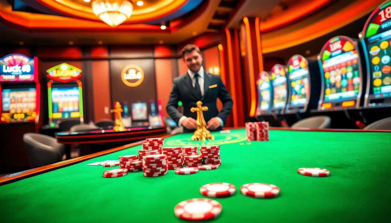 Experience thrilling gameplay at Luck8 with a vibrant casino scene showcasing poker and roulette.