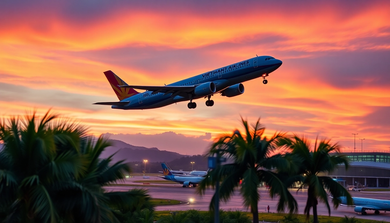 Vietnam Airlines flight VN168 taking off from Da Nang Airport at sunset, showcasing luxury and adventure.