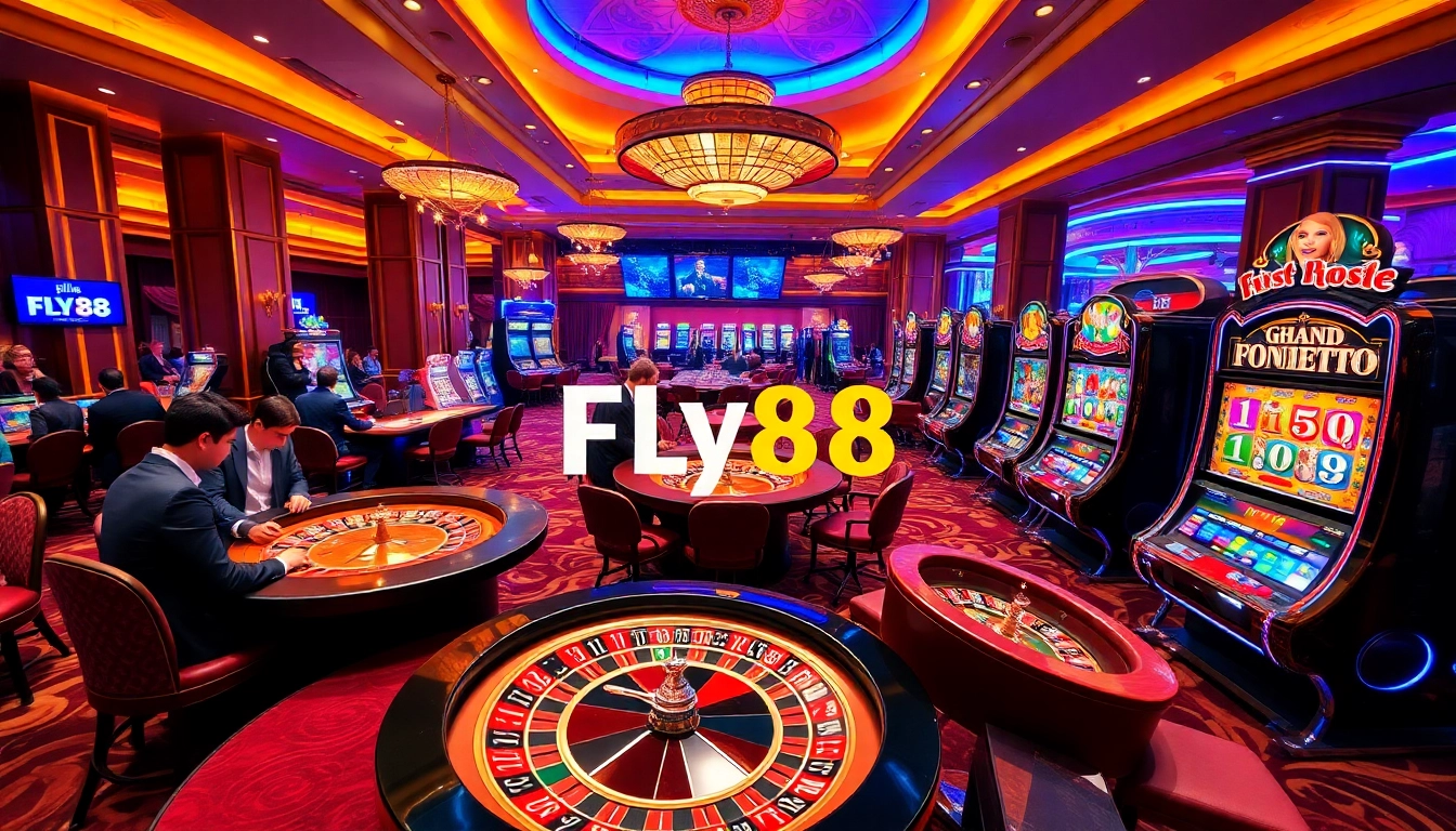 FLY88 gamblers enjoying an exciting moment at a luxurious casino.