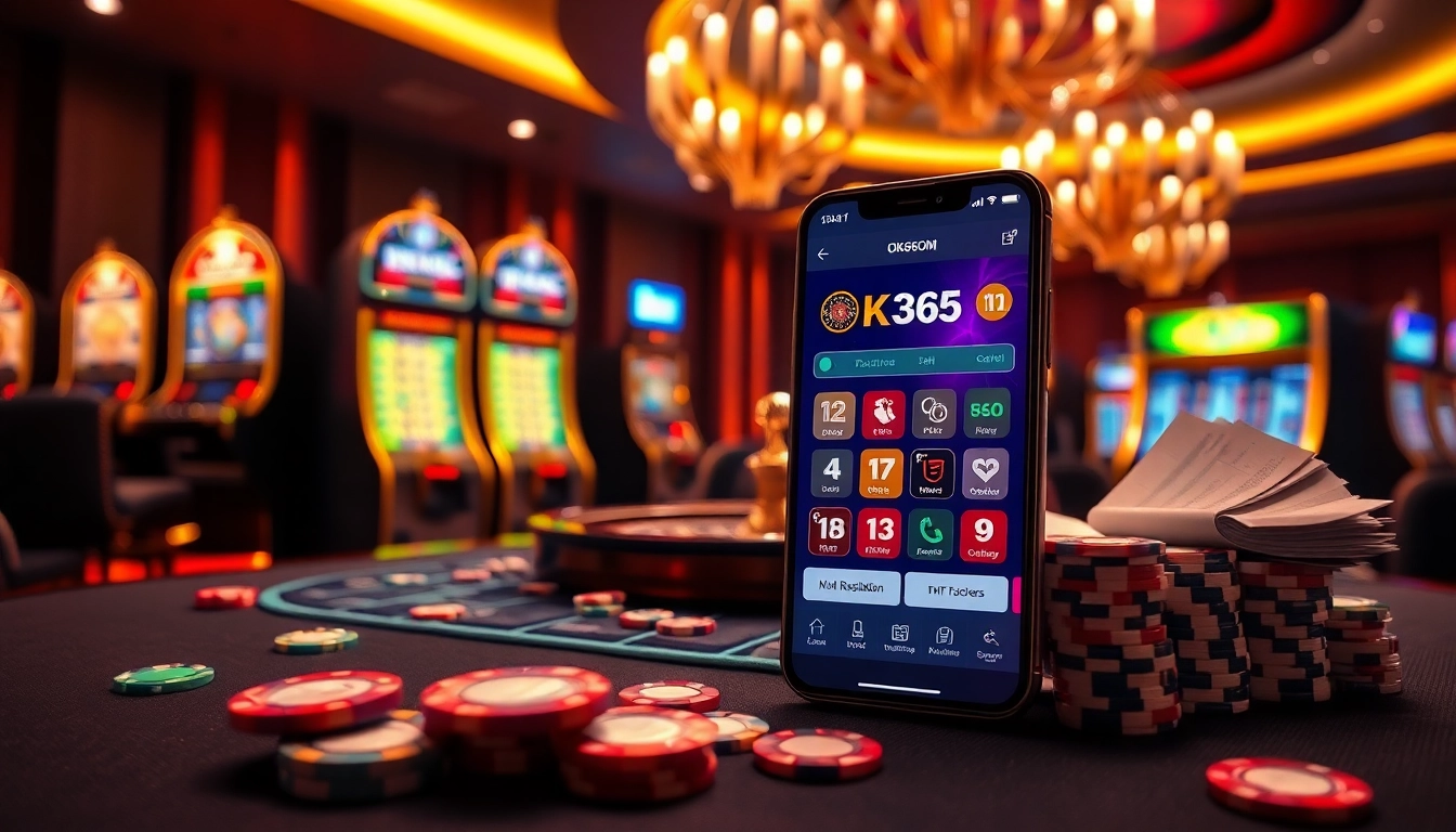 Exciting gambling action featuring the OK365 COM interface on a smartphone, poker chips, and roulette wheel.
