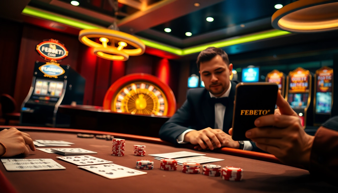 Experience excitement with FEBET com through a luxurious gambling scene featuring poker tables and roulette.
