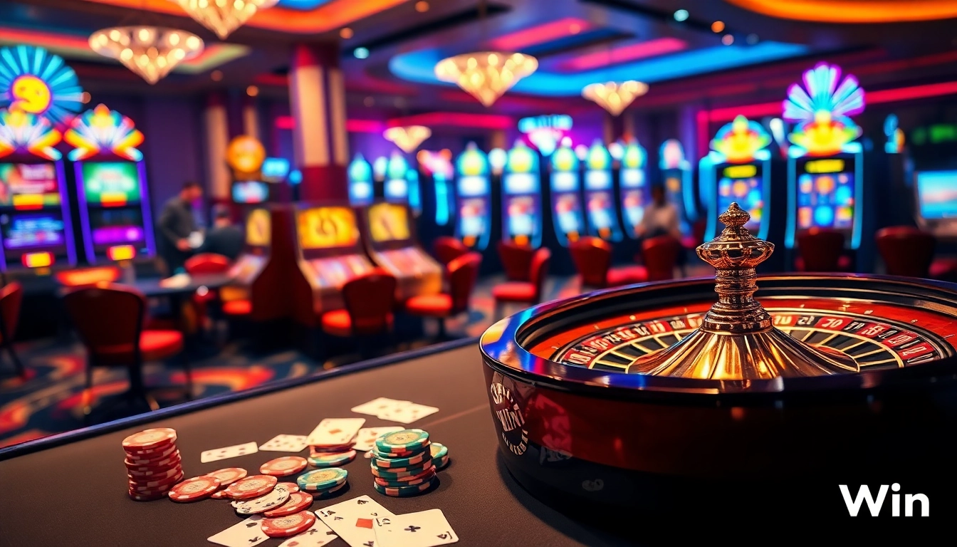 Experience the excitement at 32Win Casino with vibrant gaming tables, roulette wheels, and engaging players.