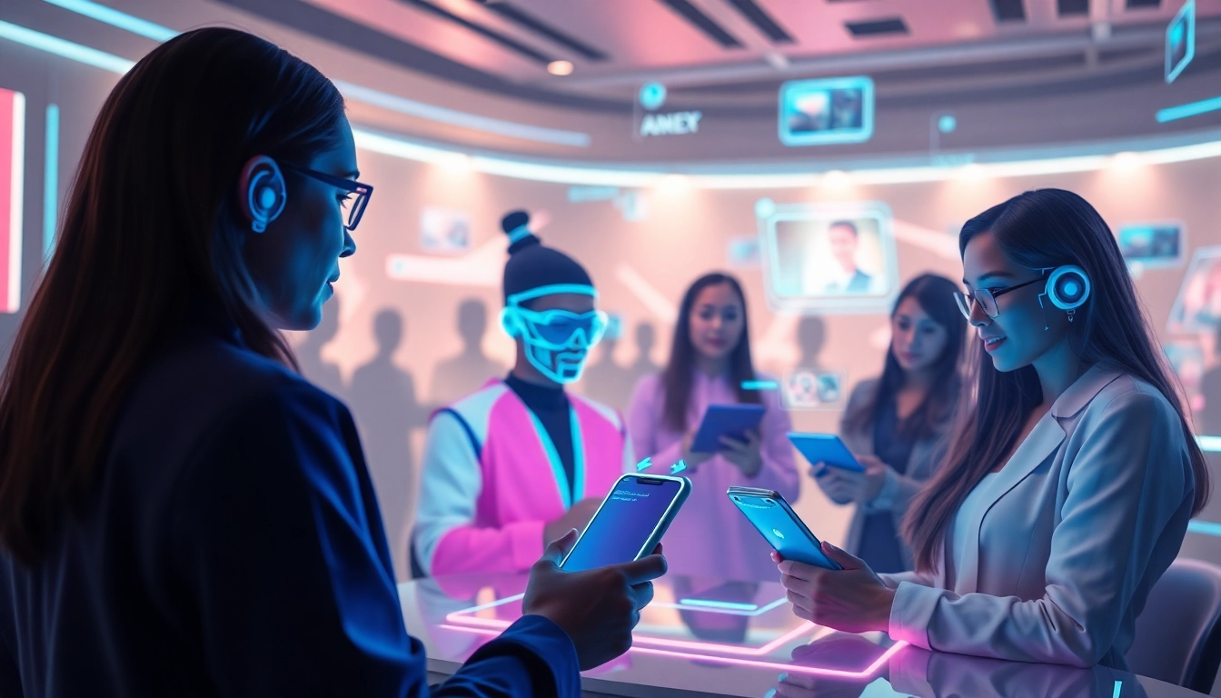 Engaging scene of users interacting with the best nsfw ai chatbots in a futuristic, vibrant setup.