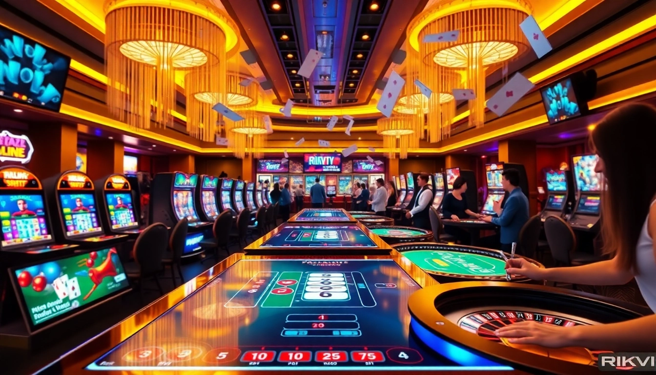 Players engaging on the RIKVIP platform, showcasing exciting gambling activities in a vibrant casino atmosphere.