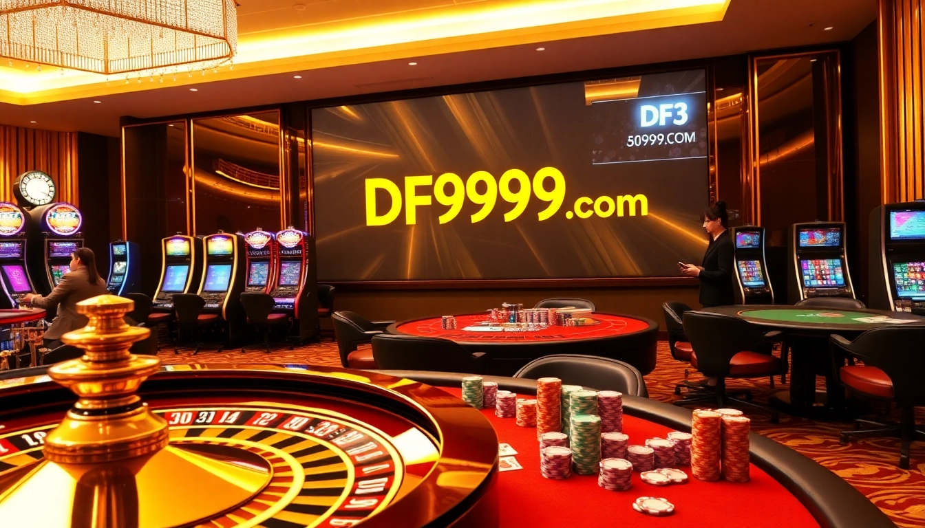 Engaging casino scene on DF999 com with roulette wheel, poker tables, and vibrant slot machines.