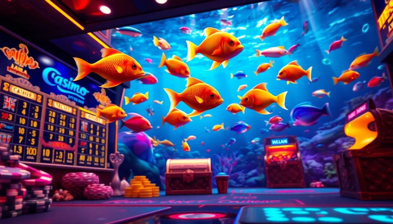 Engaging scene depicting bắn cá đổi thưởng with vibrant underwater graphics and casino elements.