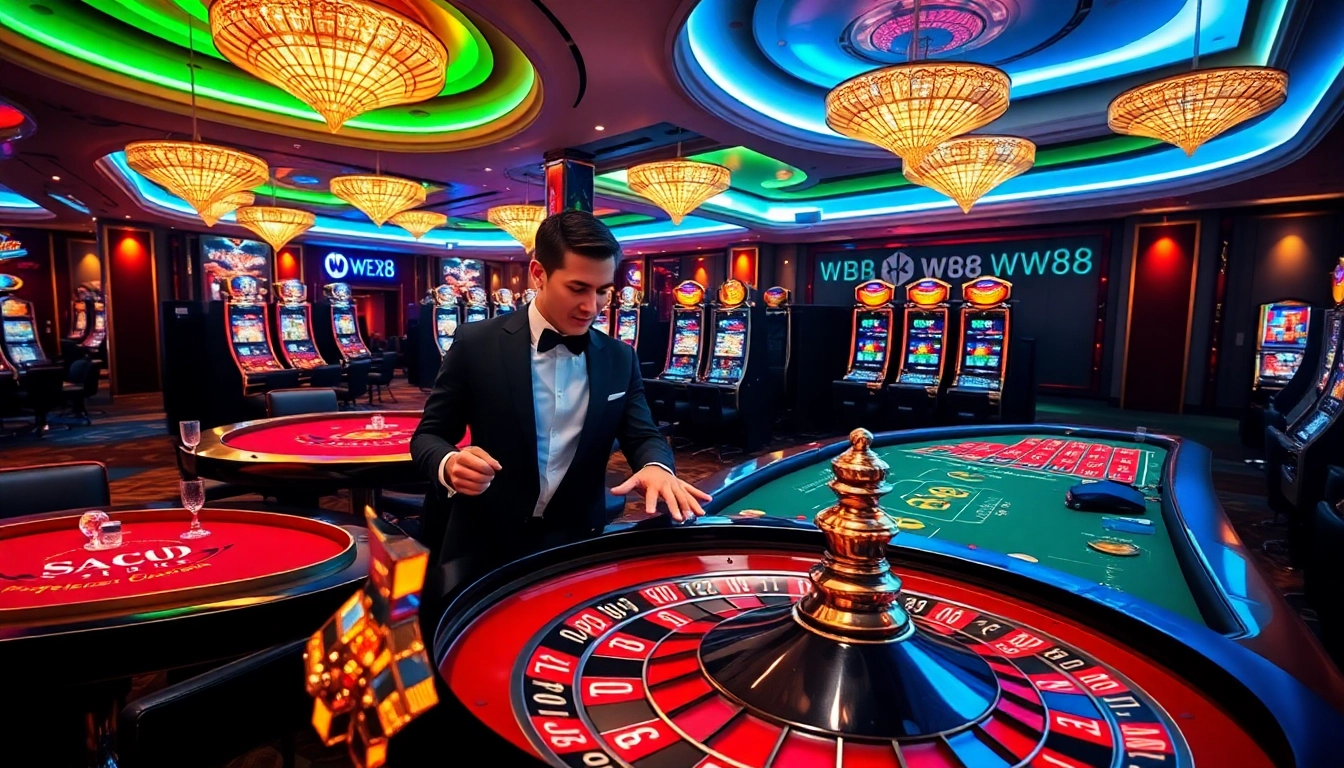 Exciting casino scene showcasing ww88 with vibrant tables, colorful slot machines, and a roulette wheel.