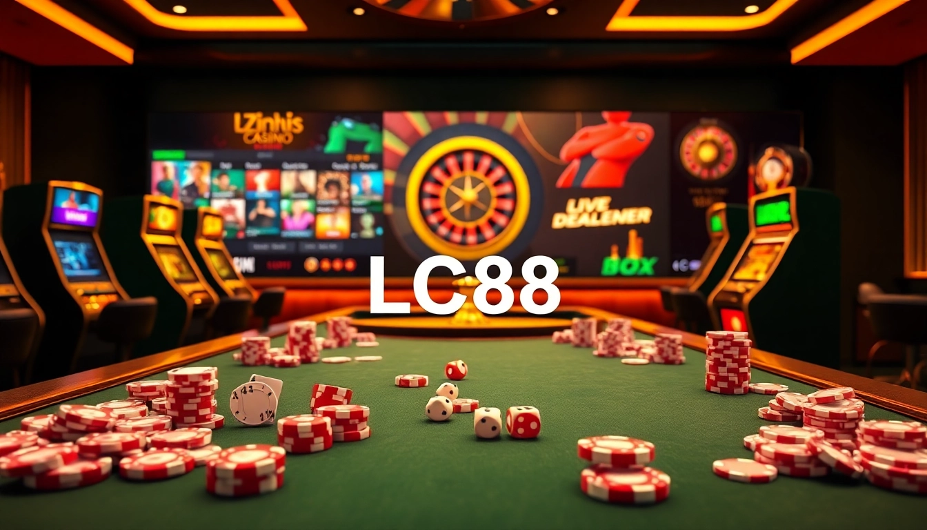 A dynamic casino environment highlighting Lc88 Link with slot machines and poker activities.