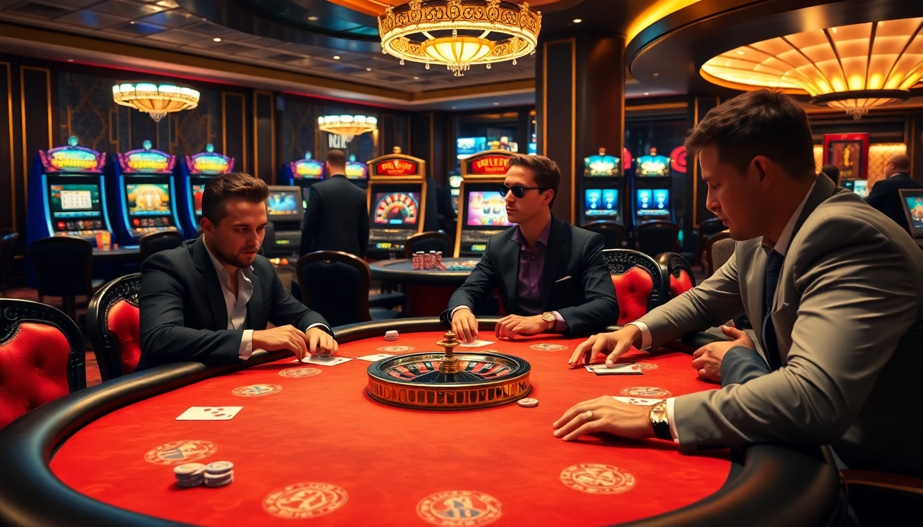 Engaging players at the kp88 casino poker table surrounded by vibrant gaming elements.