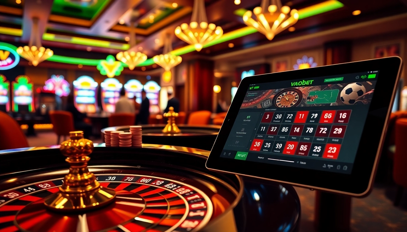 Experience the thrill of gambling with vaobet at a luxurious casino setting encapsulating excitement and high stakes.