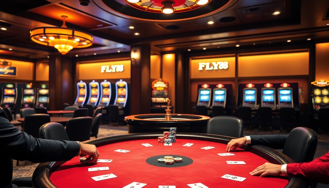Experience the thrill of FLY88 gaming with poker chips and roulette lights in a luxurious casino.