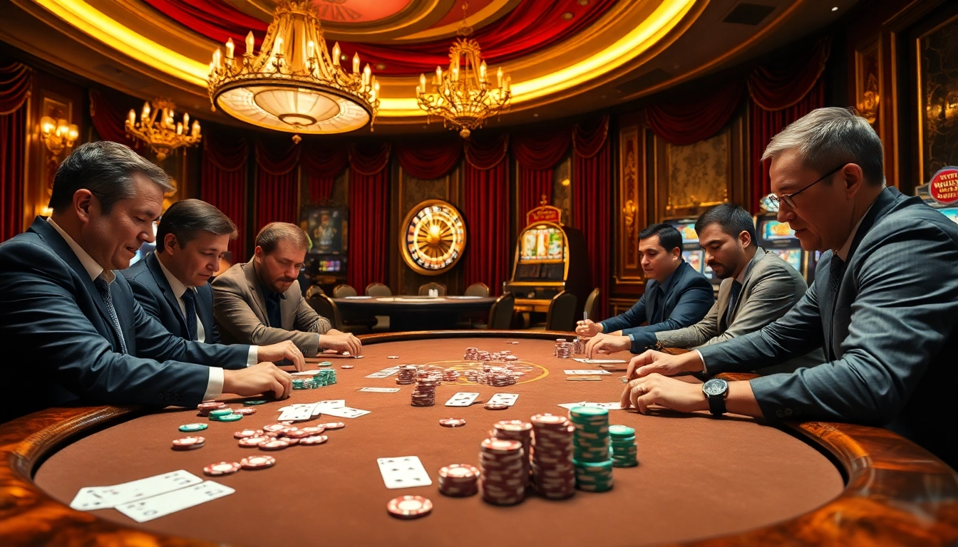 Players engaged in a thrilling poker game at a luxurious casino, highlighting the excitement of 88i betting strategies.