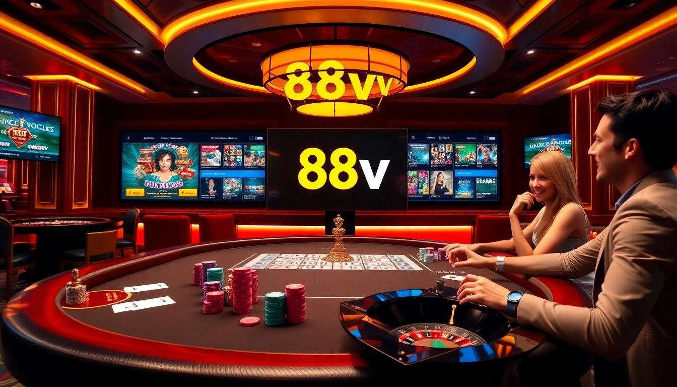 Engaging players enjoying a thrilling game at 88vv casino table with vibrant chips and cards.