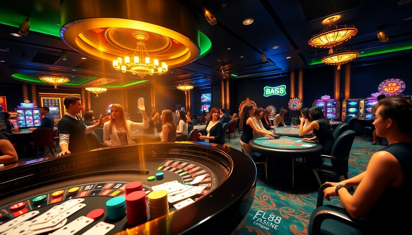 An exciting scene of gambling action at https://fly88seo.com/, featuring vibrant casino games and players enjoying their experience.
