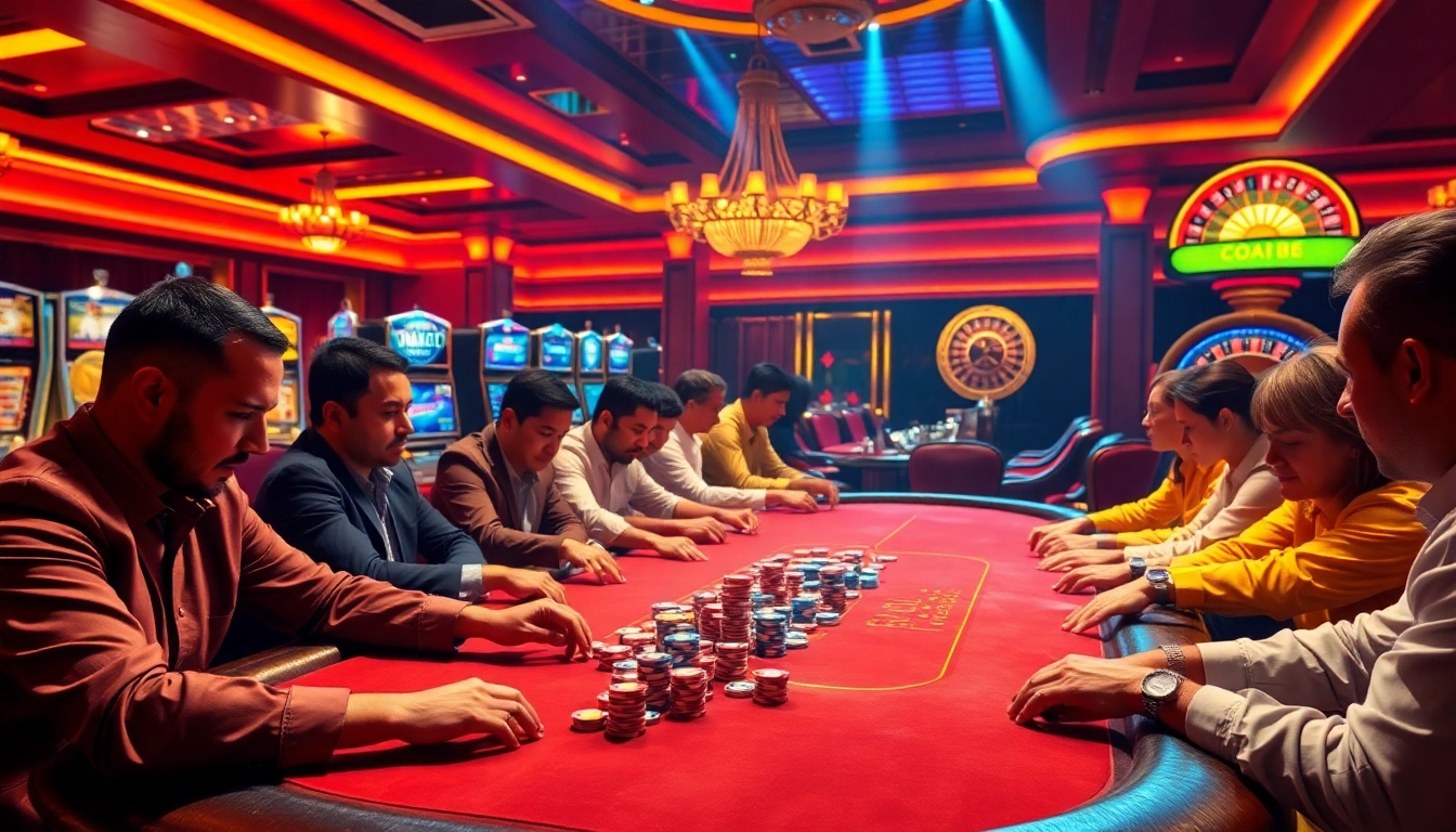 Engaged players at GG88 poker table enjoying high-stakes gambling atmosphere.