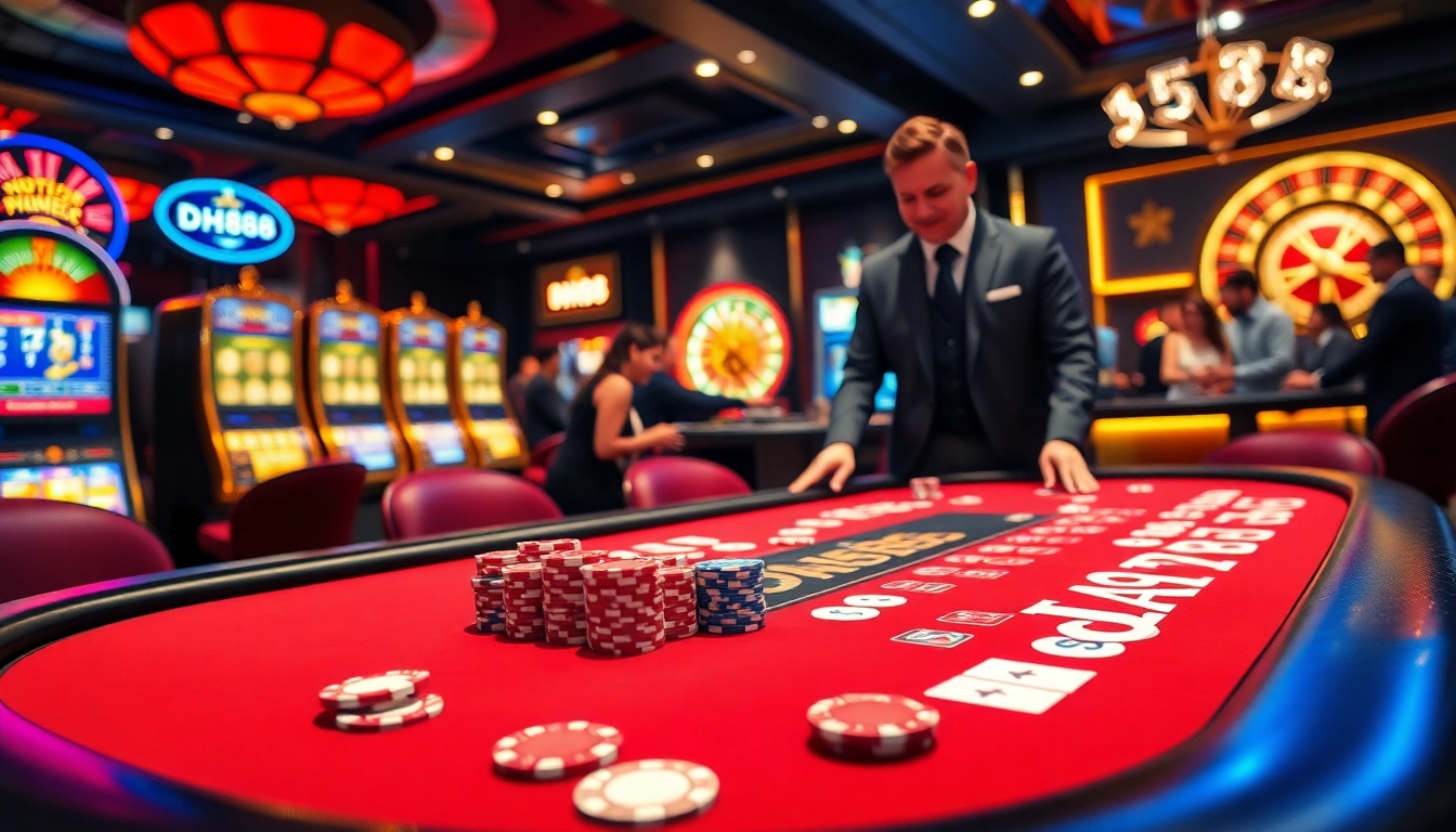Experience the thrill of dh88 casino with vibrant gaming tables, poker chips, and luxury atmosphere.