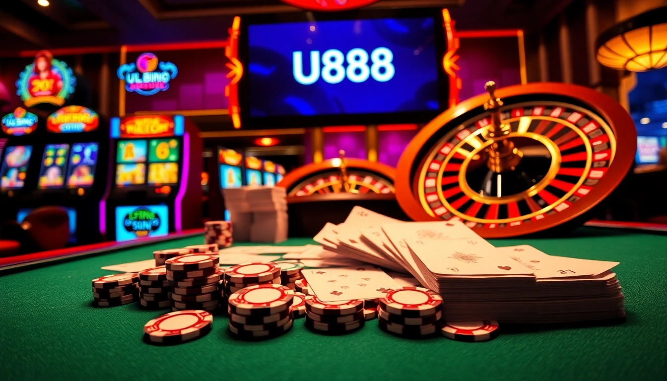 Engaging U888 online casino scene with poker chips, cards, and a spinning roulette wheel.