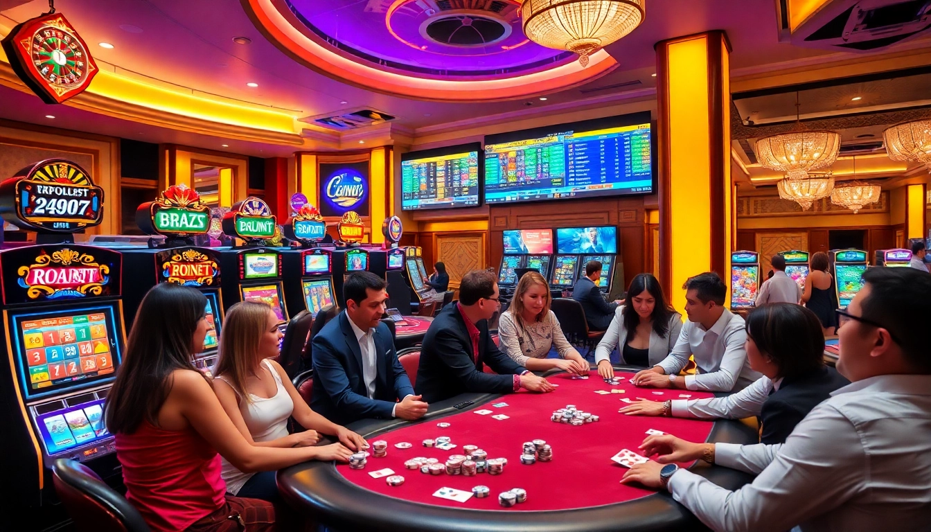 Players enjoying poker at nhà cái vn23's luxurious casino, showcasing excitement and betting action.