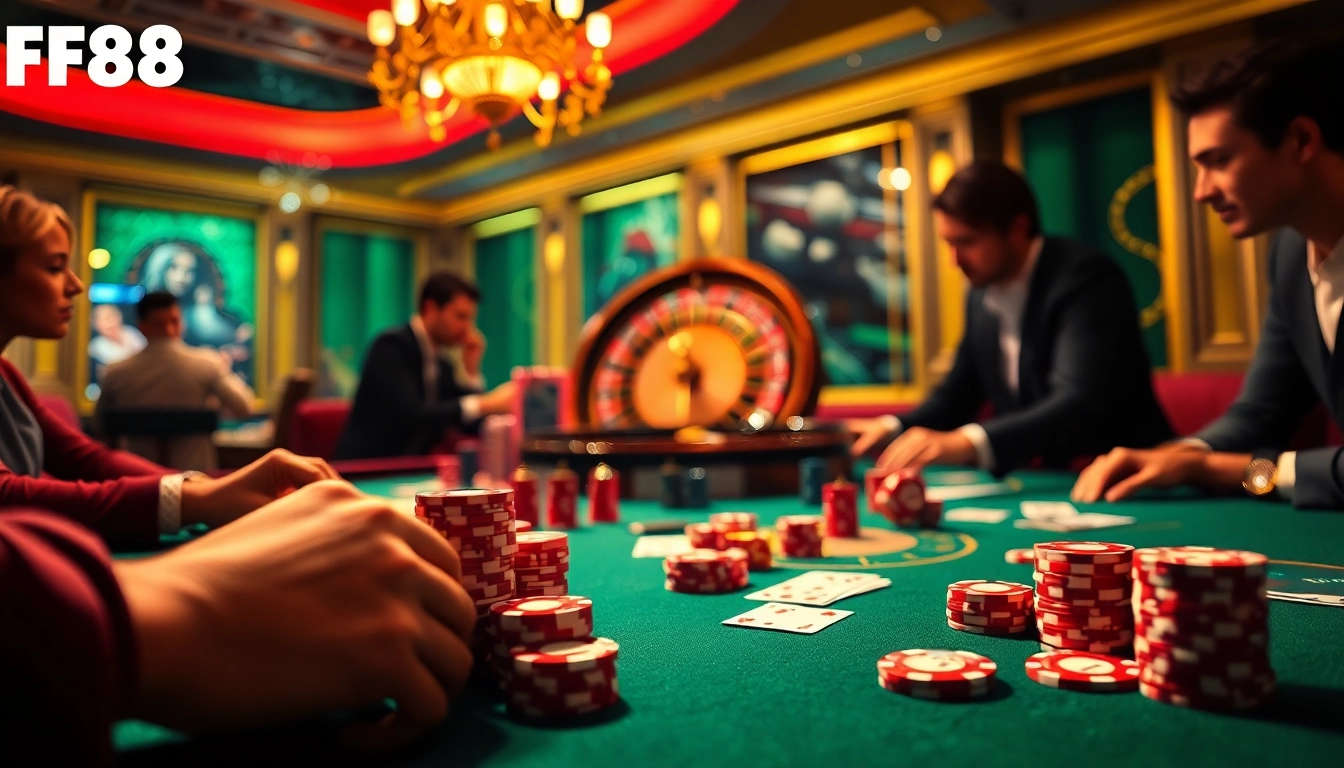Engaged players exploring FB88 online casino with poker chips and roulette in a luxurious setting.