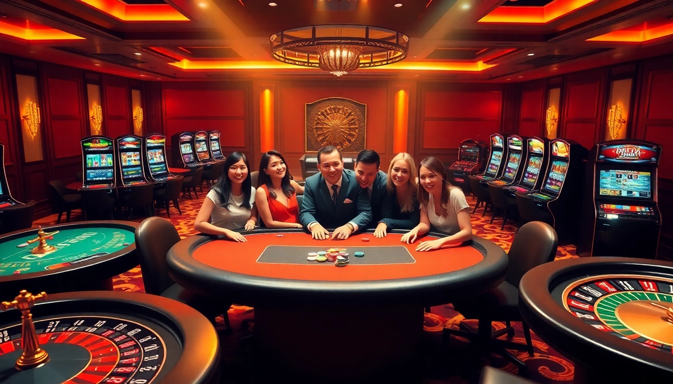 Exciting gambling scene at Trang chủ 32win with players around a poker table and bright slot machines.