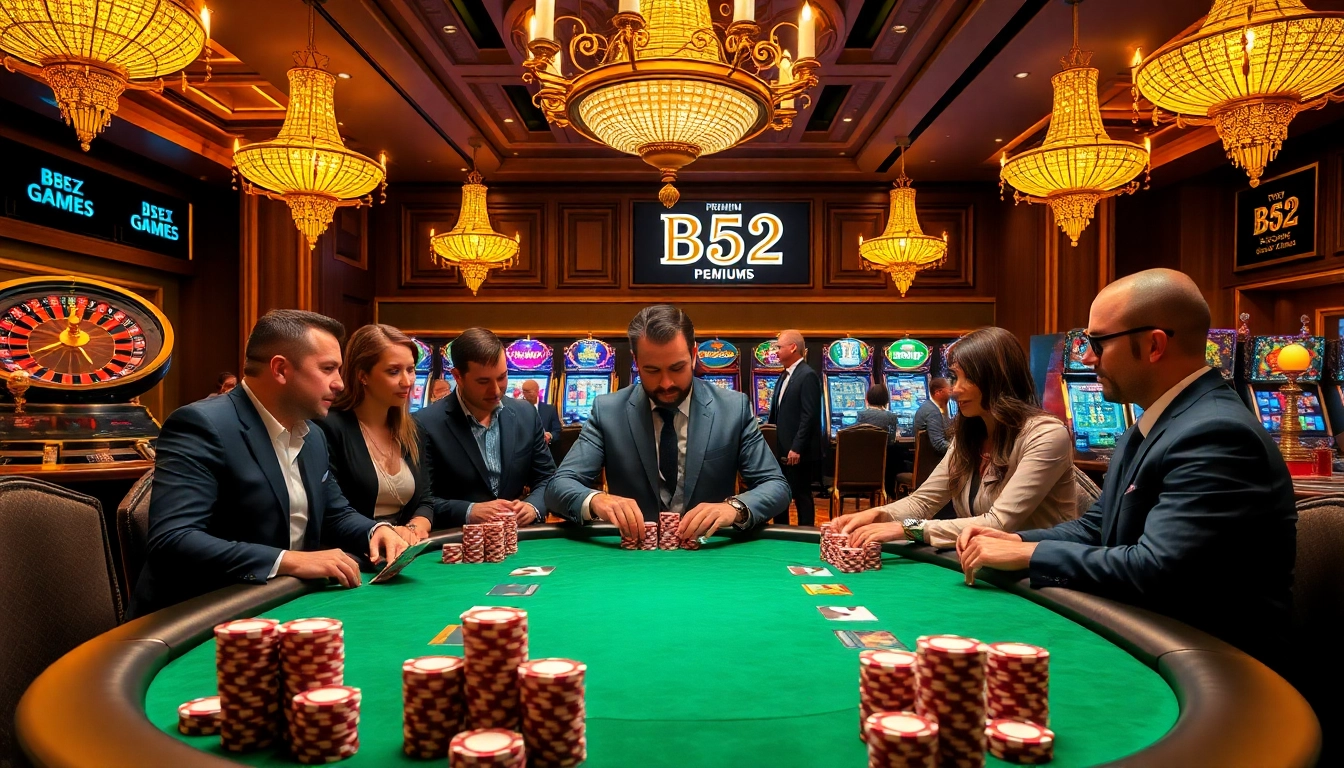 Engaged players strategize at a B52-branded poker table in a luxurious casino setting.