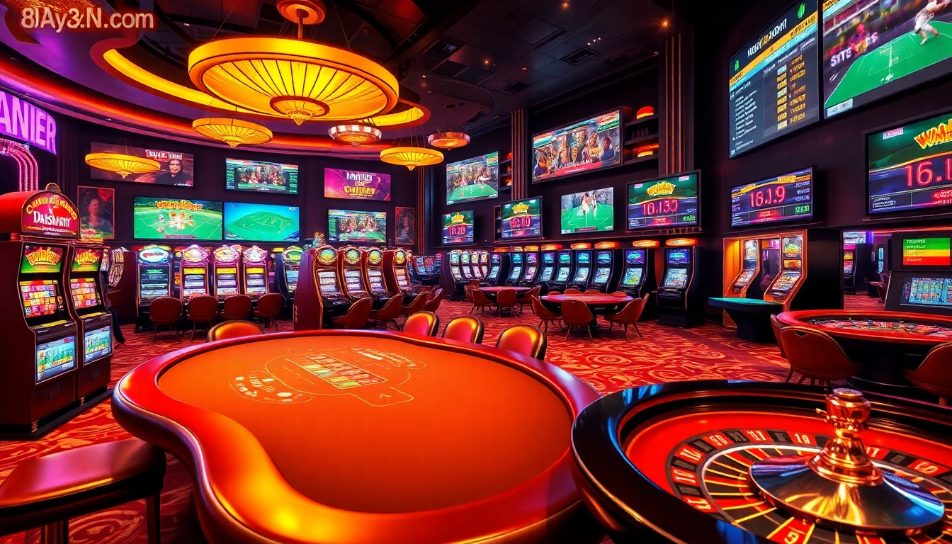 Engaging gambling scene at 8day.cn.com featuring lively casino tables, slot machines, and sports betting.