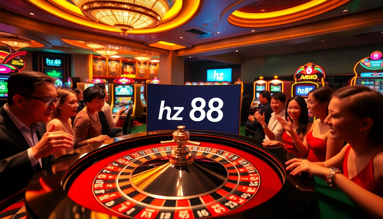 Players enjoying a thrilling game at HZ 88 casino, surrounded by dynamic action and colorful gaming elements.