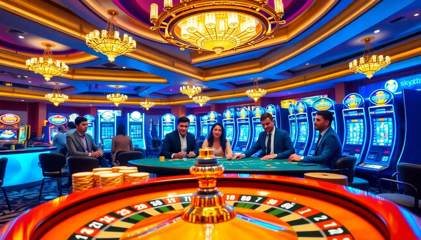 Experience the thrill of sky888 at a vibrant casino with players and roulette tables.