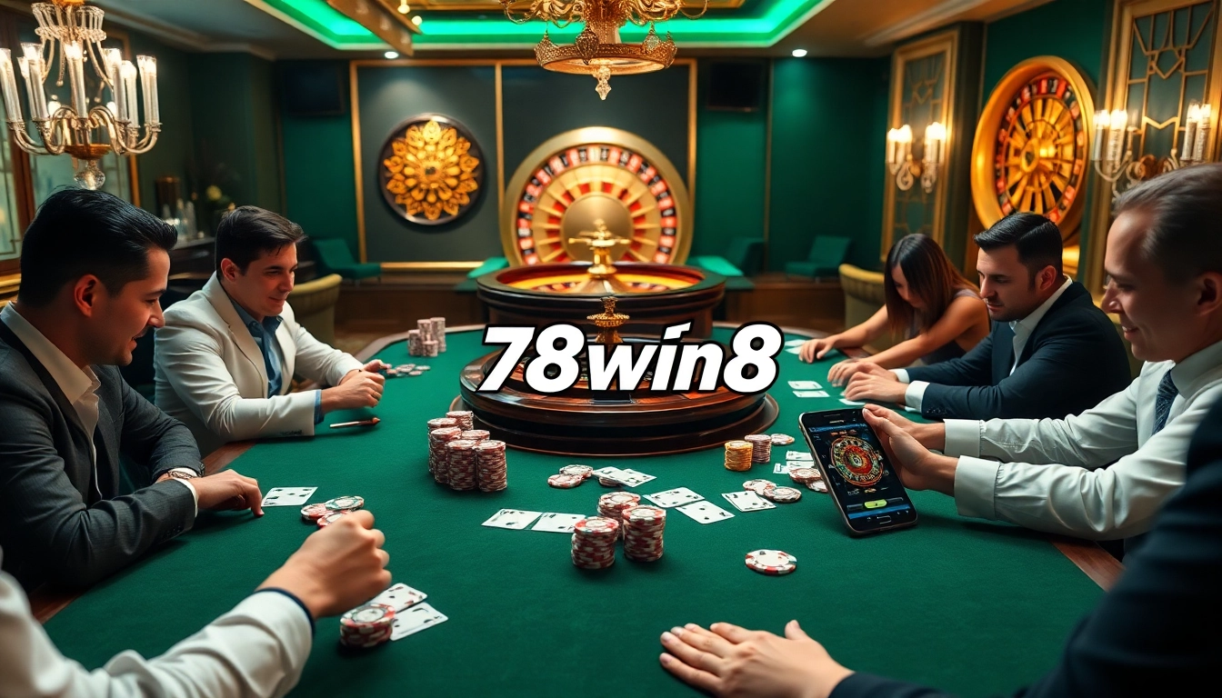 Excited players engaging in a high-stakes poker game at 78win8's luxurious casino table.