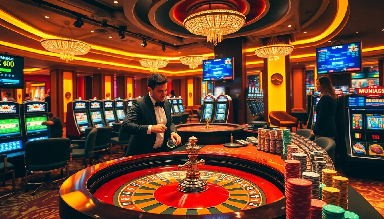 Experience the thrilling atmosphere of trang chủ win678 with a lively casino scene featuring roulette and poker.