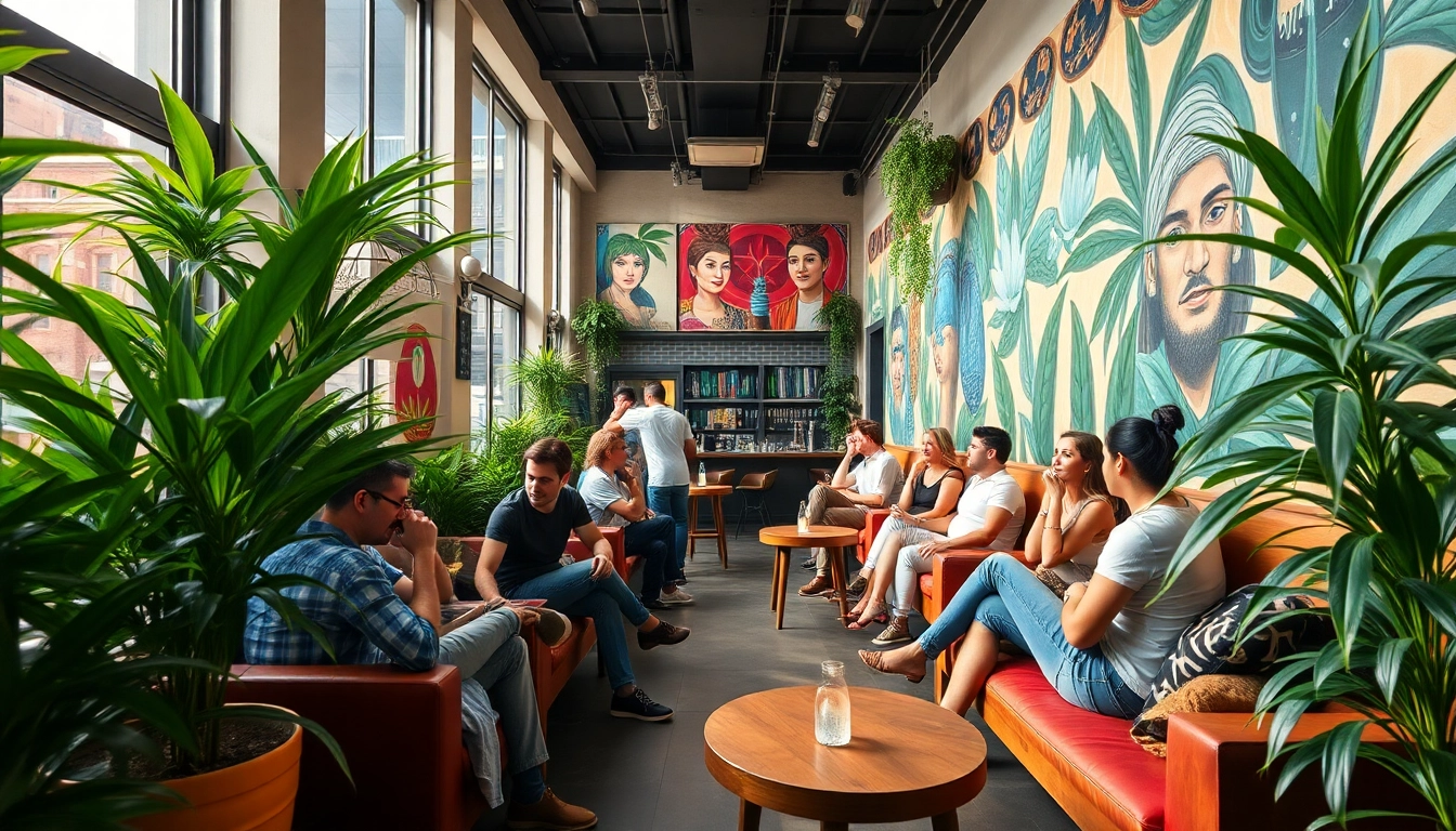 Cannabis Clubs Madrid inviting social atmosphere with vibrant decor and relaxed patrons.