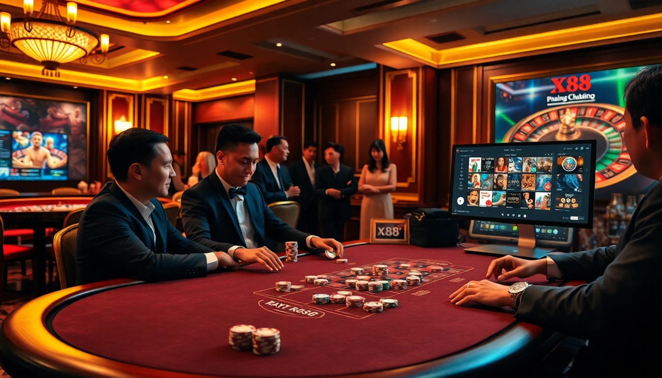 Experience the thrill of gambling at trang chủ X88 with an upscale poker table and roulette wheel.