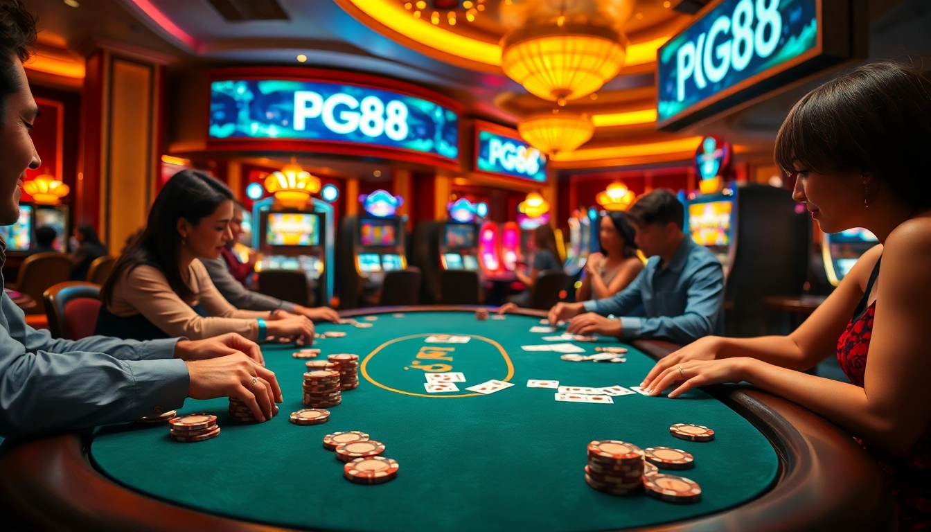 Players enjoying a thrilling poker game at PG88 casino, with vibrant lights and luxurious surroundings.