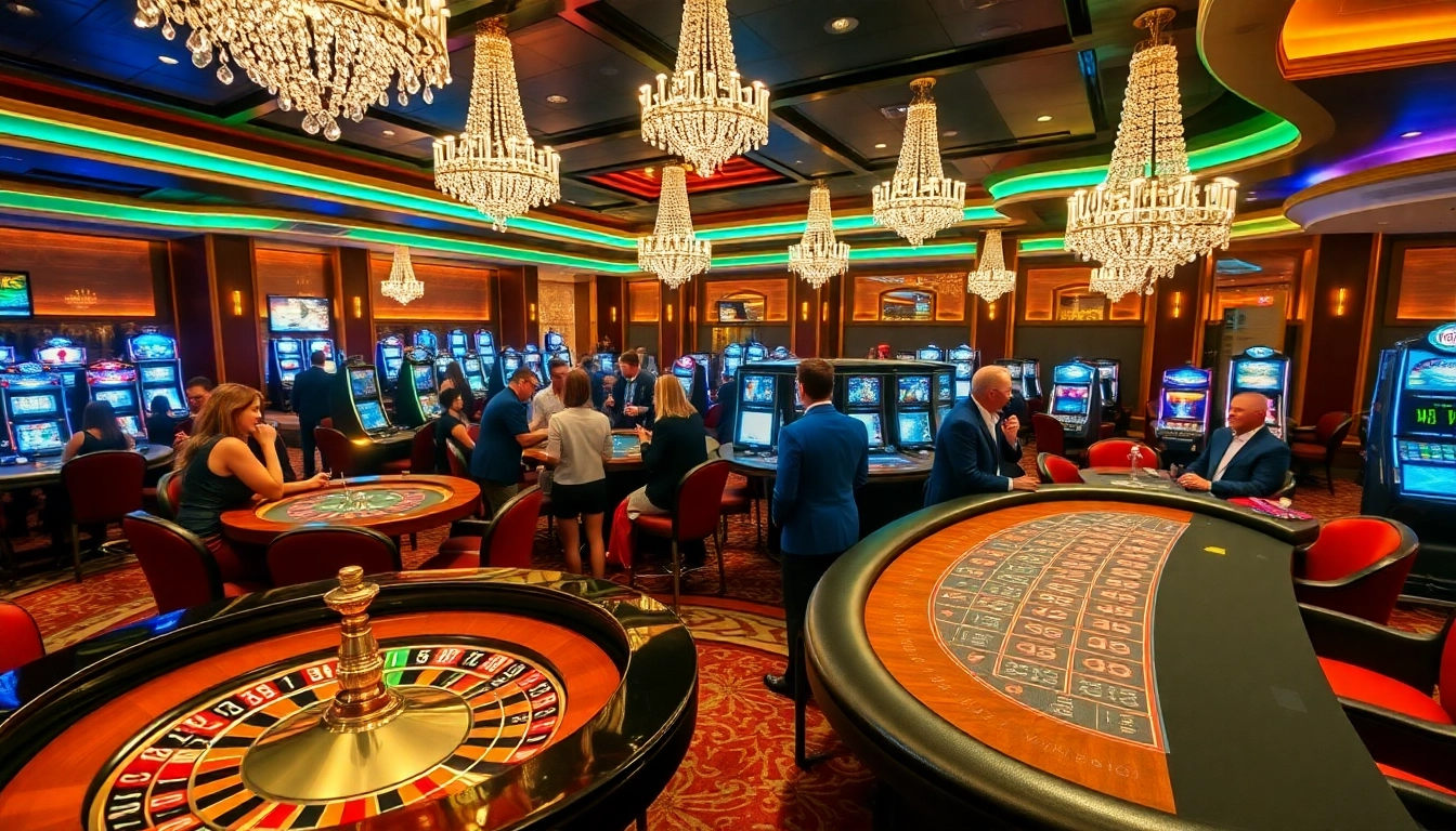 Experience the excitement of win678 at a luxury casino, stacked with vibrant slot machines and engaged players.