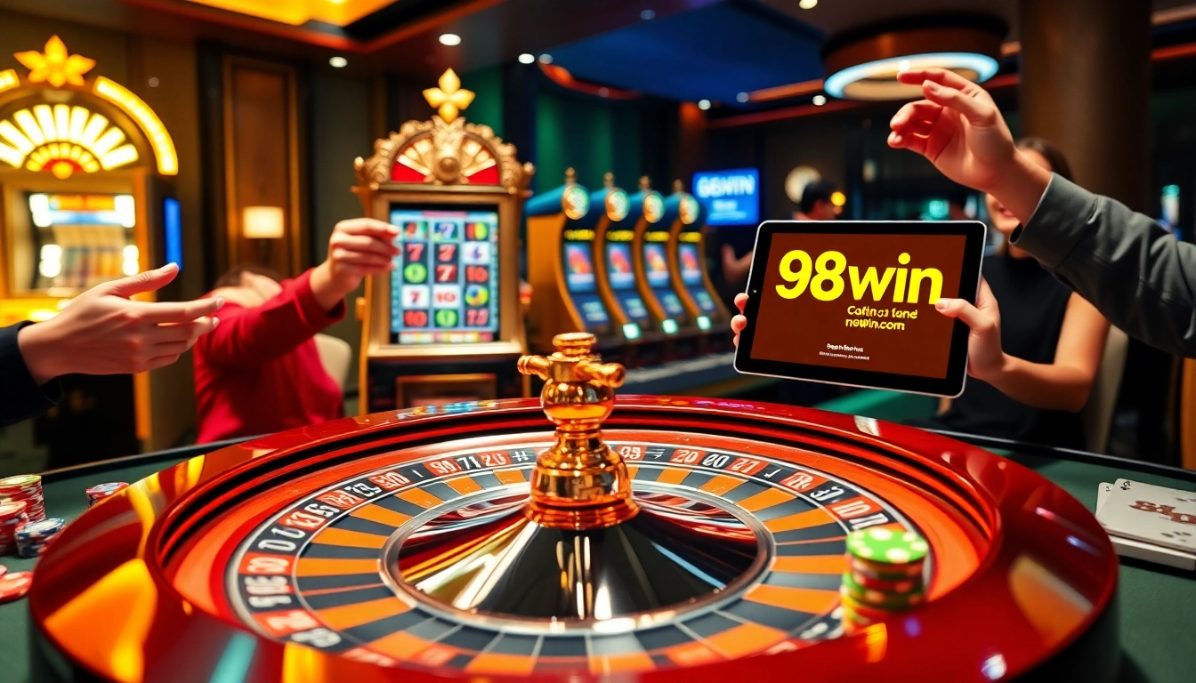 Thrilling gameplay at 98win com with vibrant casino elements, including roulette and poker chips.