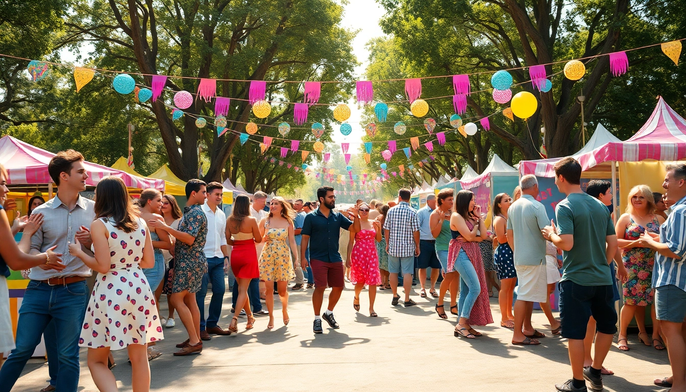 Diverse couples and singles celebrating at an outdoor festival, highlighting the spirit of OK FUN in an inclusive community.