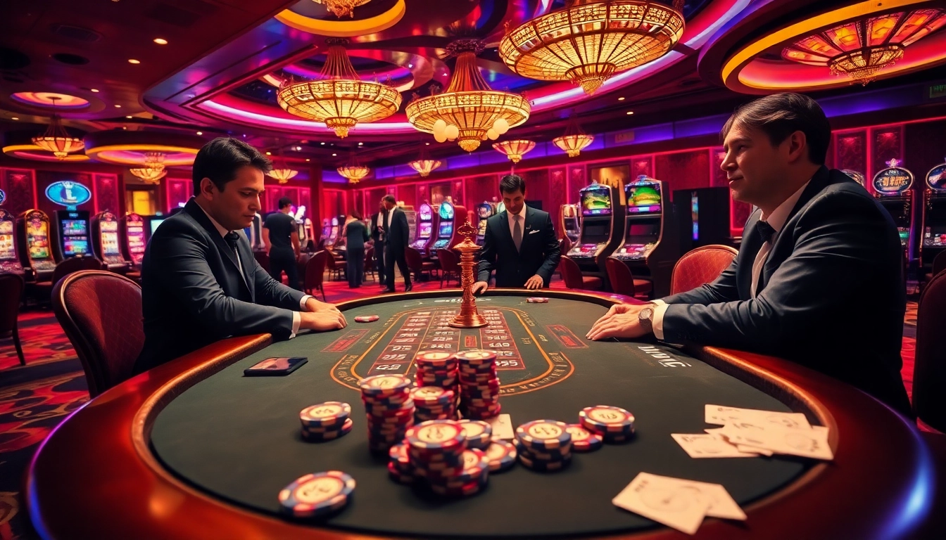 Professional gamblers at a KK55 poker table, immersed in high-stakes action.
