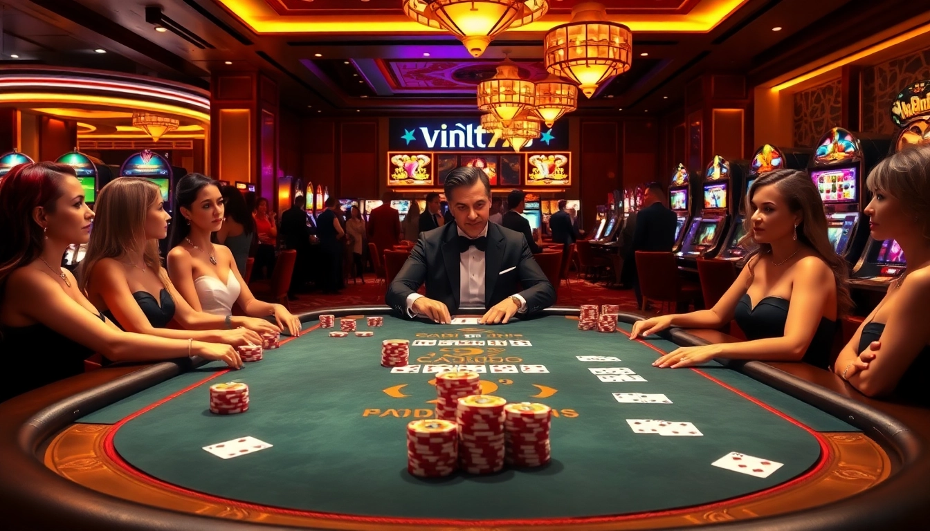 A high-stakes casino scene featuring a table game with poker chips, illustrating the excitement of vin777 media gaming.