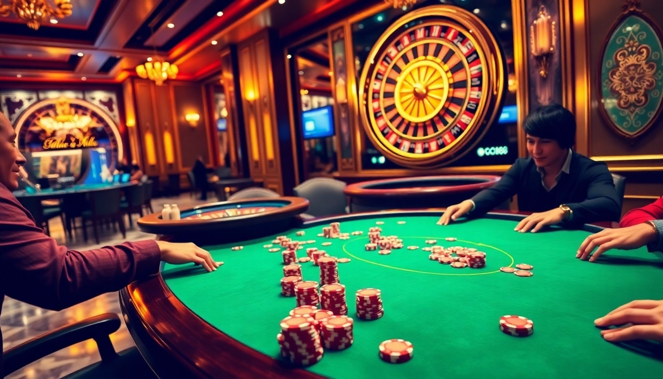 GO88 players revel in a high-stakes poker game at a luxurious casino.