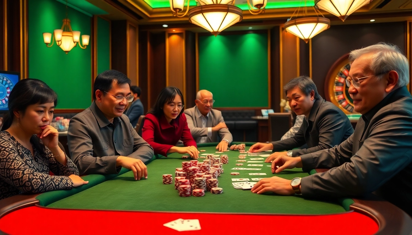 Engaging players in a thrilling game bài experience at a luxurious casino, capturing excitement and competition.