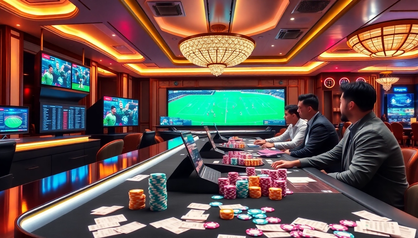 Excited gamblers exploring tỷ lệ bóng at a luxurious sports betting counter in a vibrant casino