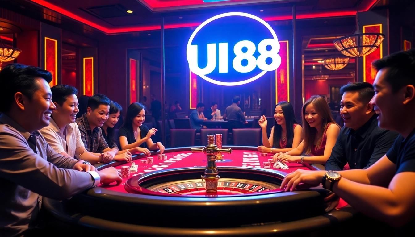 Experience the thrill of UU88 with players engaged in excited poker gameplay at a luxurious casino table.