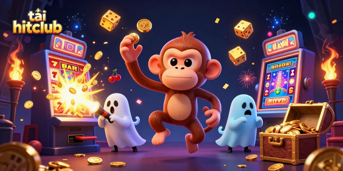 Play and win with tải hitclub, featuring vibrant slot machines and dynamic gaming elements in a haunted casino.