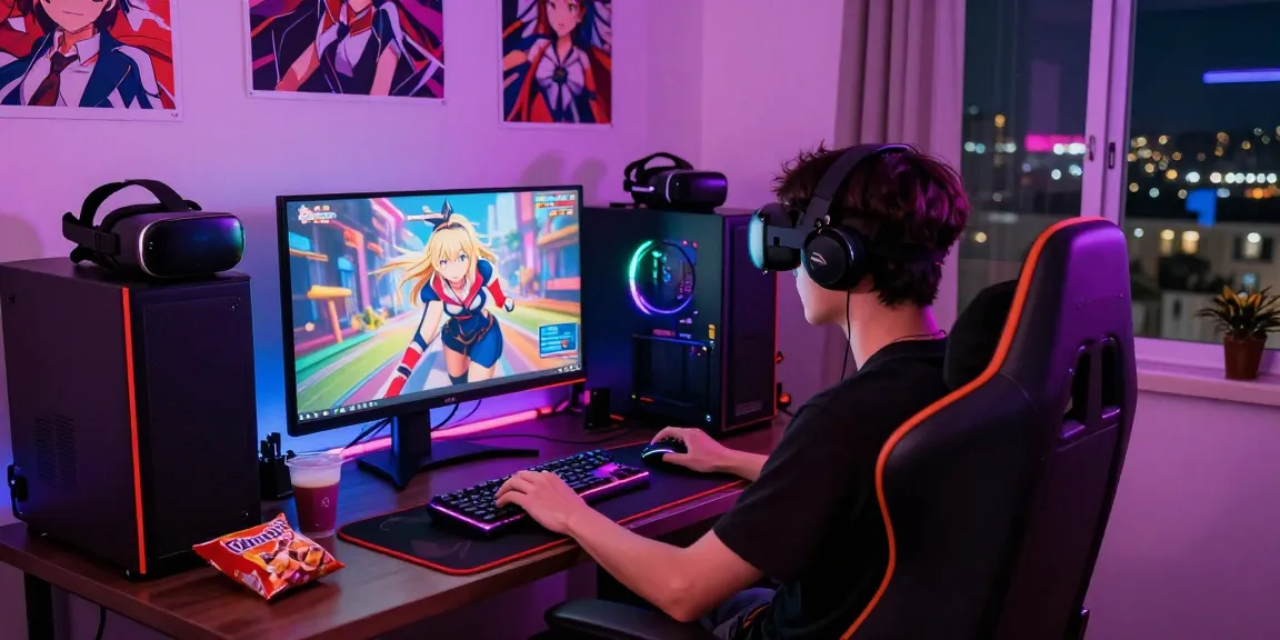 Engaged gamer playing a hentai game in a vibrant gaming room, showcasing immersive setup and anime decor.