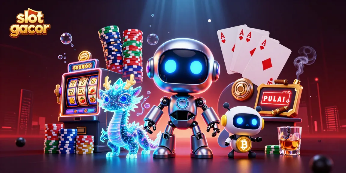 Engage with slot gacor adventures featuring a cyberpunk robot amidst vibrant casino elements.