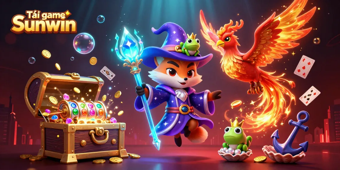 Tải game Sunwin with engaging wizard characters in a vibrant casino scene showcasing rich gaming elements.